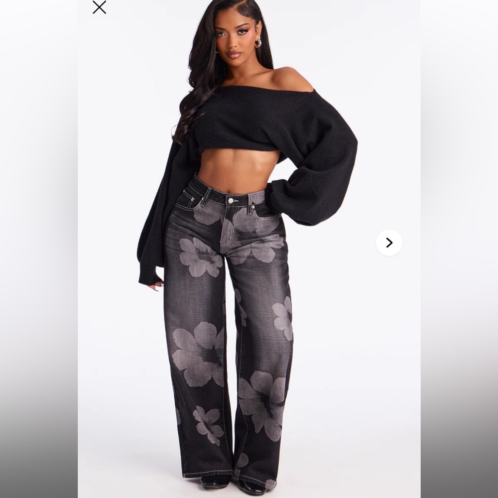 Floral Print Wide Leg Jeans - Black with Washed White Flowers